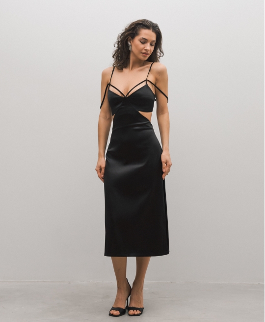 Платье комбинация миди с вырезами (черный)