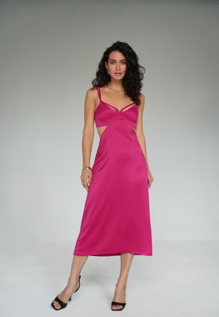 Платье комбинация миди с вырезами (фуксия)