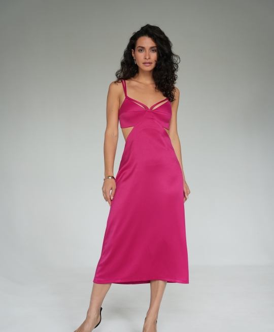 Платье комбинация миди с вырезами (фуксия)